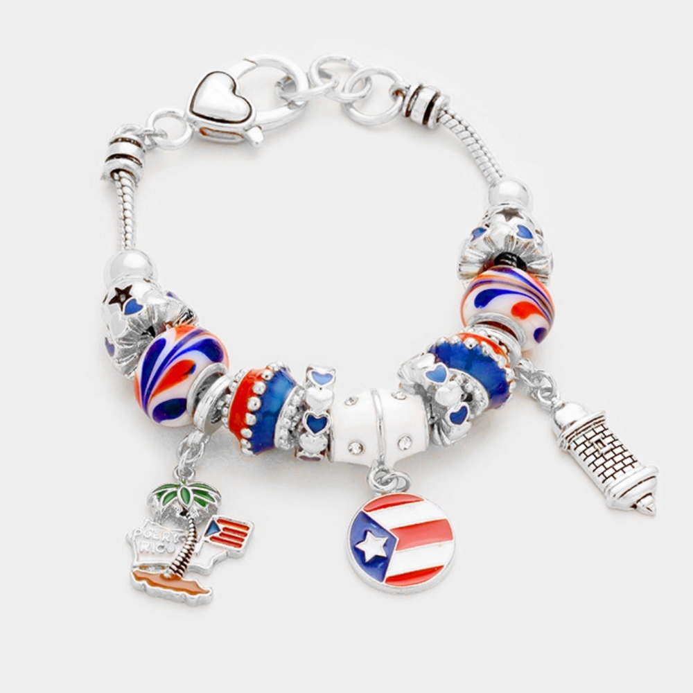 Silver Multi Charm Puerto Rico Flag Bead Jewelry Bracelet Dangling Style Fashion